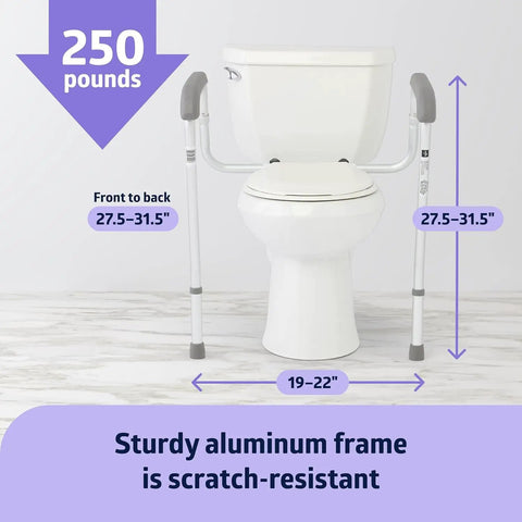 Foldable Bathroom Safety Rail With Adjustable Arms And Universal Seat Fit Rock Solid Aluminum Frame for toilets with dimensions 19-22 in width.