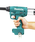 Badass 18V Lithium Ion Brushless Cordless Rivet Tool With Tough As Nails 20 KN Pulling Force For Quick One Stroke Installation Of Quarter Inch Aluminum And Steel Rivets Tool Only, held in hand, showing design and features.