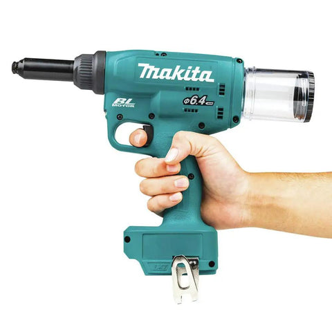 Badass 18V Lithium Ion Brushless Cordless Rivet Tool With Tough As Nails 20 KN Pulling Force For Quick One Stroke Installation Of Quarter Inch Aluminum And Steel Rivets Tool Only, held in hand, showing design and features.