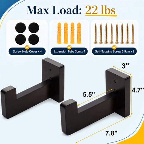 Premium Solid Pine Wood Wall Mount Surfboard Rack Hanging System For Indoors And Patios, showing dimensions and accessories.