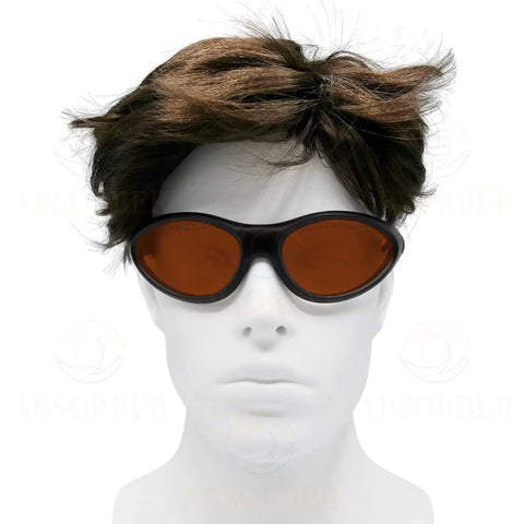 Top Shelf Professional Laser Safety Glasses With OD 8 Plus Tough Eye Protection For Blue Red And Green Lasers Covering 190Nm To 1100Nm Wavelengths With Sweet UV Blocking Coating And Snazzy Frame displayed on a mannequin head with brown hair.