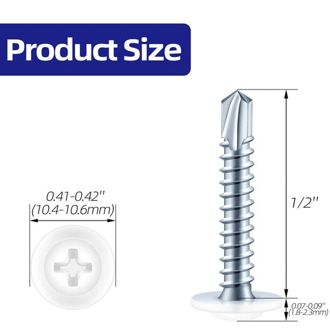 Size Eight By Half Inch Zinc Plated Sheet Metal Screws Three Hundred Piece Pack with dimensions shown next to Phillips driven truss head.