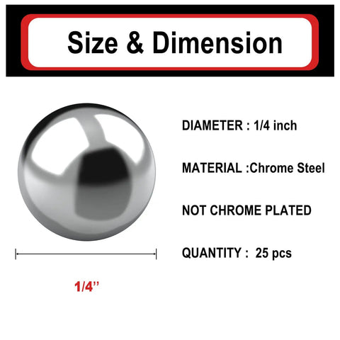 Professional Grade 25 Pack 1/4 Inch Chrome Steel G25 Precision Ball Bearings showing size and dimensions.