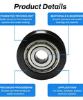 Rock Solid Four Piece Heavy Duty U Groove Pulleys Featuring Durable Pom Plastic Rails And No Sweat Drawer Glide Action With Precision Ball Bearings For Cabinet Hardware close-up of smooth ball bearing wheel with black polymer structure.
