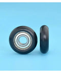 626ZZ Circular Arc Pulley Roller With Plastic Coated Wheel And Internal Ball Bearing 6 X 27 X 8.5 mm side view on blue background.