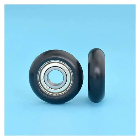 Smooth Gliding Ball Bearing Pulley Roller For Heavy Duty Furniture Hardware And Sliding Glass Door Tracks With Tough Plastic Coated Finish viewed from front and side.