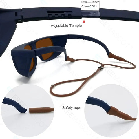 Heavy Duty Laser Safety Glasses Bring Top Shelf OD Four Plus Protection with adjustable temples and safety rope detail.