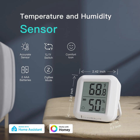 Temperature and humidity sensor with digital display, features Zigbee mode, works with Home Assistant, measures 2.42 x 2.2 inches.