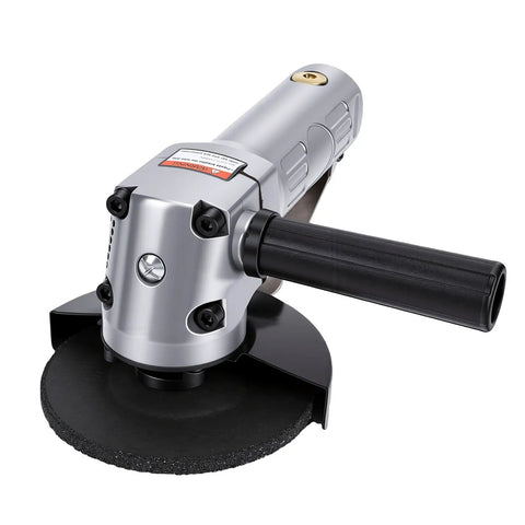 Heavy Duty 4 Inch Pneumatic Air Angle Grinder Spinning At 11000 RPM view with ergonomic grip and smooth black disc.