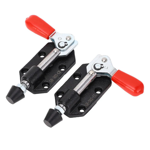 Beefy Cast Iron Push Pull Toggle Clamp With 20mm Stroke And 500 Lbs Holding Capacity, Built Tough Heavy Duty Clamp Tool For Woodworking, Welding, Molding, And Mould Making, Plastic Sleeve Handle. Two cast iron push-pull toggle clamps with red handles