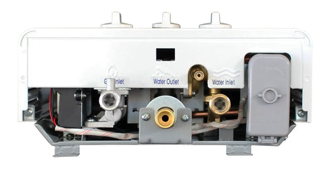 Back view of Outdoor Tankless Water Heater Propane LPG 2 GPM Portable Point Of Use with water inlet and outlet connections.
