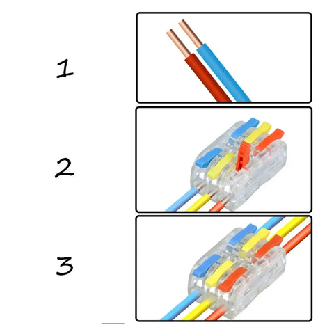 Premium Tool Free Push In Wire Splitter Kit Solid Stranded Copper Quick Home Electrical Wiring Led Lights Zero Fuss No Tools Crimpers Safe Diy Work Includes 10 Pack 12 28 Awg Flame Retardant Pa66 Housing Perfect For Everyday Use, 3-step wire splitter demo