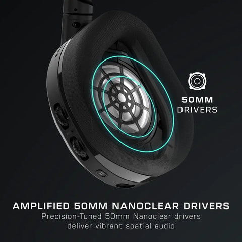 Close-up of Stealth 600 Wireless Multiplatform Gaming Headset's 50mm Nanoclear drivers for PS5 PS4 PC and mobile, showcasing interior design.