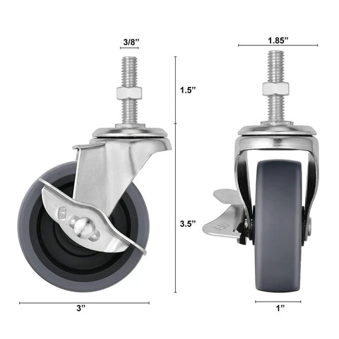 Heavy Duty Three Inch Gray Swivel Caster Wheels Set Of Four With Side Lock Brakes And Three Eighth Threaded Stem showing dimensions.