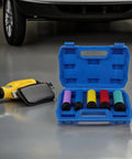 Thick Heavy Duty Wheel Protector Impact Socket Set With Color Coded Sleeves to Stop Lug Wrench From Ruining Your Rims Perfect For Tire Change Projects And Preventing Scuffed Alloys On Any Car Model Out There Right Now. blue case with color-coded sockets and impact wrench