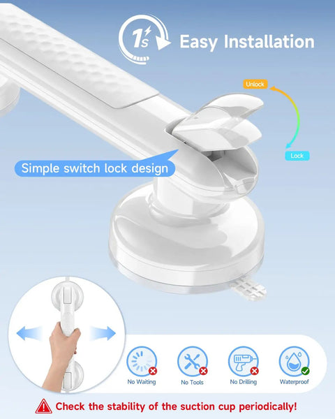 Close-up of Upgraded Suction Shower Handle No Drill Grab Bars 2 Pack with simple switch lock design for easy installation.