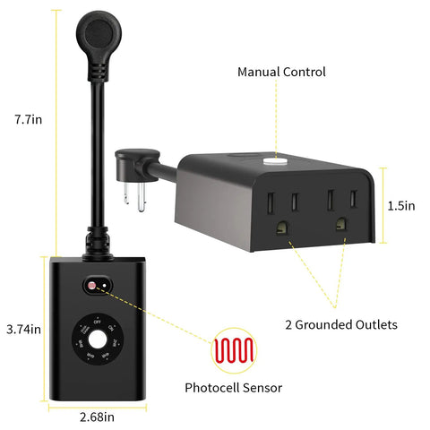Rock Solid Dual Outlet Outdoor Timer Plug With Dope Slick Wireless Remote Control Waterproof Gfi Receptacle Dusk To Dawn Photo Sensor.