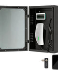 Heavy Duty Cold Rolled Steel EV Charger Station Enclosure Featuring Lockable Clear Door and Rust Resistant Finish for dependable wall mount protection, shown opened with charging unit.