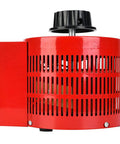 Top Shelf Single Phase Voltage Regulator Transformer With Smooth 0 To 130 Volt Adjustment And 20 Amp Capacity For Reliable 110V 60Hz Power Delivery. Side view of red heavy duty transformer with manual dial.