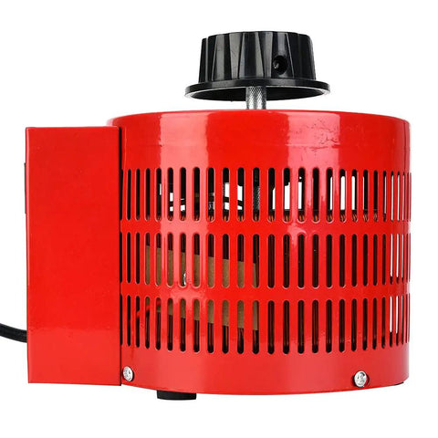Top Shelf Single Phase Voltage Regulator Transformer With Smooth 0 To 130 Volt Adjustment And 20 Amp Capacity For Reliable 110V 60Hz Power Delivery. Side view of red heavy duty transformer with manual dial.