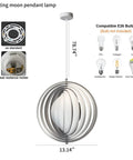 Dope 360 Degree Adjustable Moon Pendant Light with Rotating Sphere Shade for Modern Dining Rooms and Living Spaces, dimensions labeled, E26 Base.