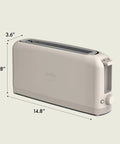 Slick Two Slice Slim Toaster With Hella Long Slots For Versatile Even Heating And A Tight Oat Milk Finish, dimensions 14.8 x 3.6 x 6.8 inches.