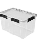 Heavy Duty Clear Plastic Storage Tote With Secure Lock Latch 54 Quart Transparent Waterproof Crate side view with latches