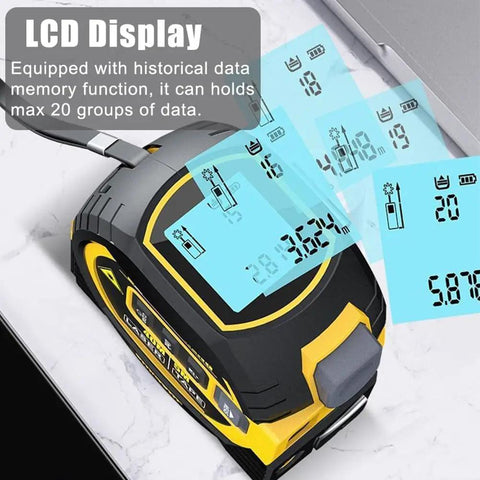 Built Tough 3 In 1 Laser Tape Measure With 130 Foot Range And 16 Foot Digital Ruler showcasing LCD display with measurement data.