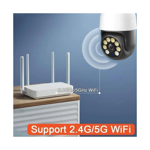 5MP PtZ Security Camera With E27 Bulb Socket Dual Band Wifi for snagging action connected to 2.4G/5G WiFi router on a table.