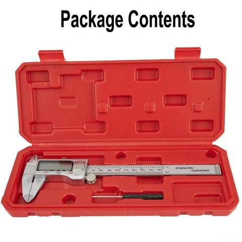 Digital Vernier Caliper 150mm Metric Inch Switch(without) in red protective case, includes stainless steel caliper and tools.