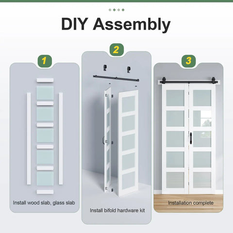 DIY assembly steps for Heavy Duty Bifold Barn Door 48X84 Double Frame With Frosted Glass And Full Track Kit.
