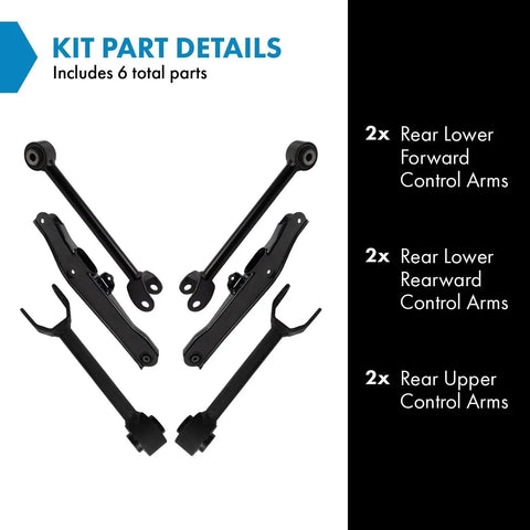 Level Up Your Ride With This Solid 6 Piece Rear Upper And Lower Control Arm Set Complete Suspension Replacement Kit Direct Bolt On Hardware For Driver And Passenger Side Smooth Handling Guaranteed - 6 part kit details with control arms.