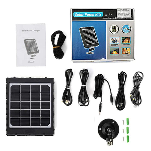 Heavy Duty Solar Power Panel For Trail Cameras 8000Mah Battery Bank 3 Watt Output Keeps Your 6V 9V 12V Hunting Rigs And Deer Feeders Fully Charged Up Daily kit including solar panel, cables, and manual.