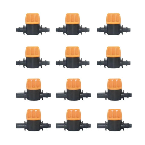 Purple Hose Barb Mini Valve Garden Tap Kit For Drip Irrigation Connectors One Quarter Inch To Six Millimeter Mist Nozzle Fittings Watering System Pack Of 20 To 150 Pieces, black and orange plastic valves