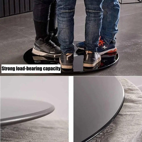 Heavy Duty Black Tempered Glass Lazy Susan Serving Turntable Featuring Smooth As Butter Spin For Effortless Food Sharing And Serious Kitchen Game Changer Vibes In A Generous 31 Inch Format with three people standing on it.