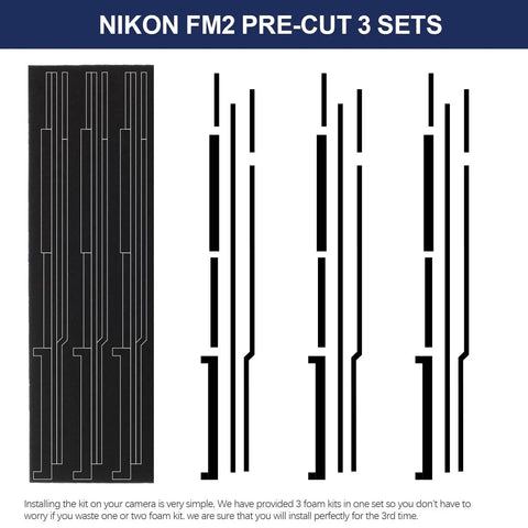 Pre-Cut Light Seal Foam Kit For Nikon FM FM2 FE FE2 Film Cameras, showing three sets of black neoprene seals.