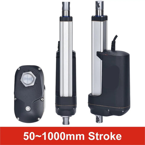 Rugged Electric Linear Actuator 24V DC Motor Stainless Steel Rod Metal Gear IP67 Waterproof Industrial Grade shown in assembly.