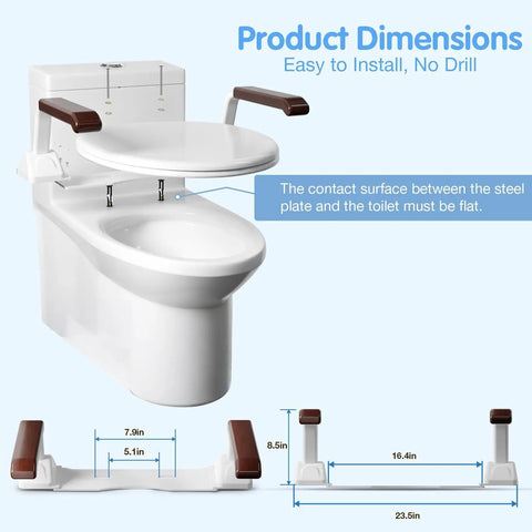 Rock Solid Toilet Safety Rails For Seniors With Flip Up Armrest Handles Heavy Duty Bathroom Support Bars Adjustable Mounting For American Standard Toilets dimensions and installation instructions.