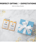 K&F Concept 12-pack microfiber lens cloths; orange-striped packaging with a blue gift box on marble surface.