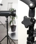 POWERTEC 5-pack 1/4-20 star knobs with 2 in studs; full light-stand view and close-up of star knob on joint
