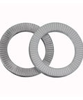 Double Deck Wedge Lock Washers Pack Of Twenty 304 Stainless Steel Self Locking Hardware Heavy Duty Vibration Proof Fasteners For Nuts And Bolts M6 Through M12 Built Tough Dead Tight No Slip showing two washers with serrated edges.