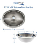 Stainless Steel RV Oval Sink With Single Bowl 10x13 Inch, 1.5 Inch Drain, top and side views, no faucet included, rust resistant