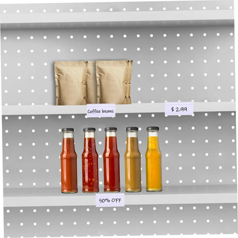 Heavy Duty PVC Wire Shelf Label Holders 30 Pack Clear Display Fronts on retail shelf with price tags for beverages.