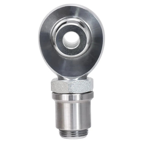 Track Day Ready Chromoly Rod End Ball Joint Featuring One Inch Bore And One One Quarter Twelve Thread Hard Chrome Finish, close-up view.
