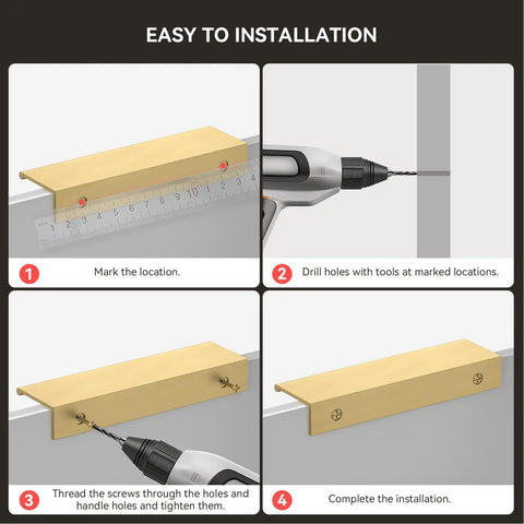 Installation steps for Slick Brushed Brass Finger Pulls For Kitchen Cabinets 10 Pack 10 Inch Center Heavy Duty Aluminum Handle.