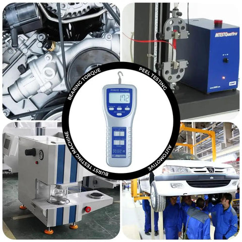 Built Different Digital Force Gauge For Push Pull Tension And Compression Testing With Backlit LCD used in automotive testing.