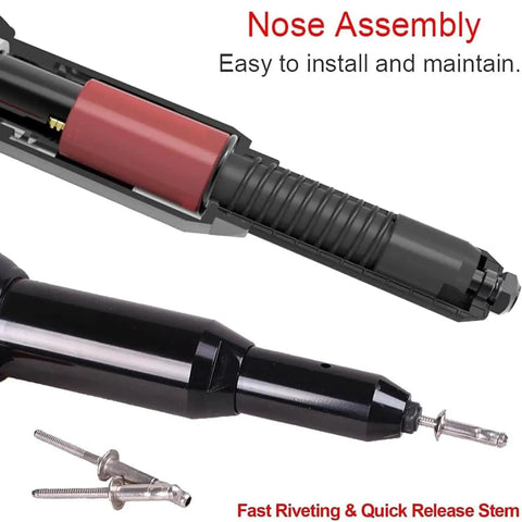 Pro Grade Electric Blind Rivet Gun Featuring A Smooth 27mm Stroke And No Fuss Auto Ejection System For Aluminum Steel Copper Metal Sheets. Close-up of nose assembly for easy installation.