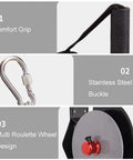 Wall Mounted Flywheel Trainer With Variable Resistance And Auto Retracting Band showing comfort grip, stainless steel buckle, and roulette wheel design.
