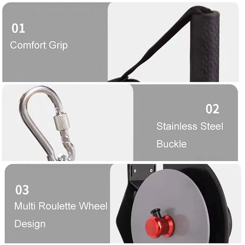 Wall Mounted Flywheel Trainer With Variable Resistance And Auto Retracting Band showing comfort grip, stainless steel buckle, and roulette wheel design.