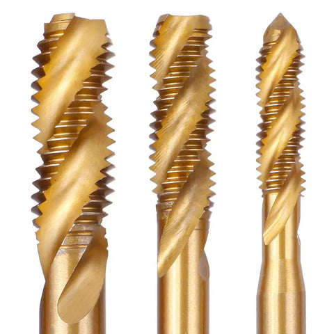 Close-up of titanium coated HSS spiral flute taps from Pro Grade Titanium Coated HSS Spiral Flute Tap Set 9 Piece Metric Taps M2 Through M12 6542 High Speed Steel Rust Resistant Heavy Duty Threading Kit For Precision Jobs